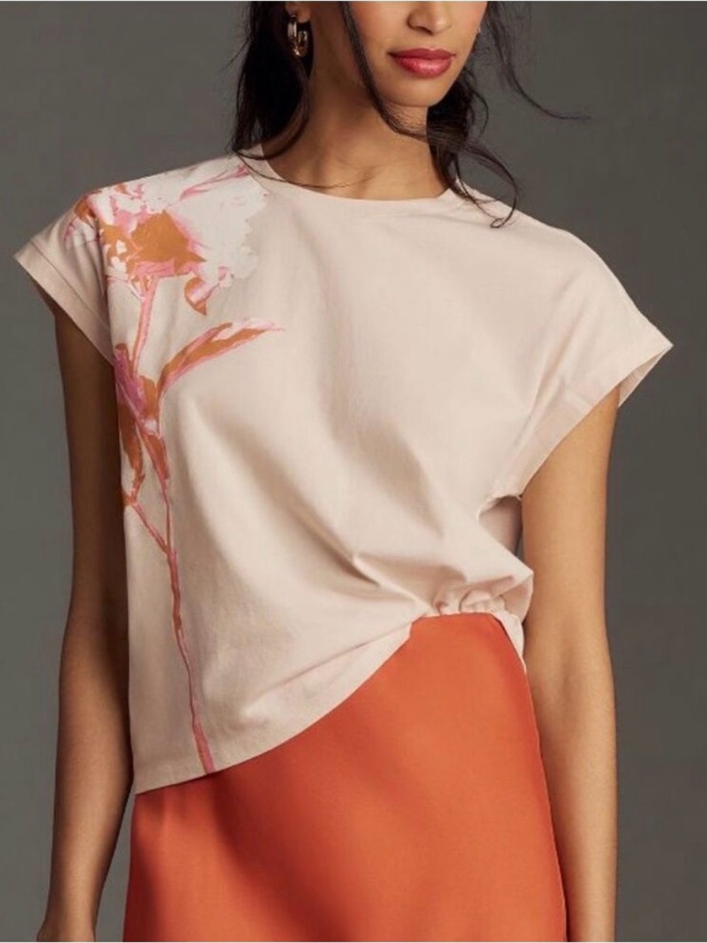 Anthropologie Blush Pink Floral Graphic Tee Peony Cap Sleeve T Shirt Boho Casual